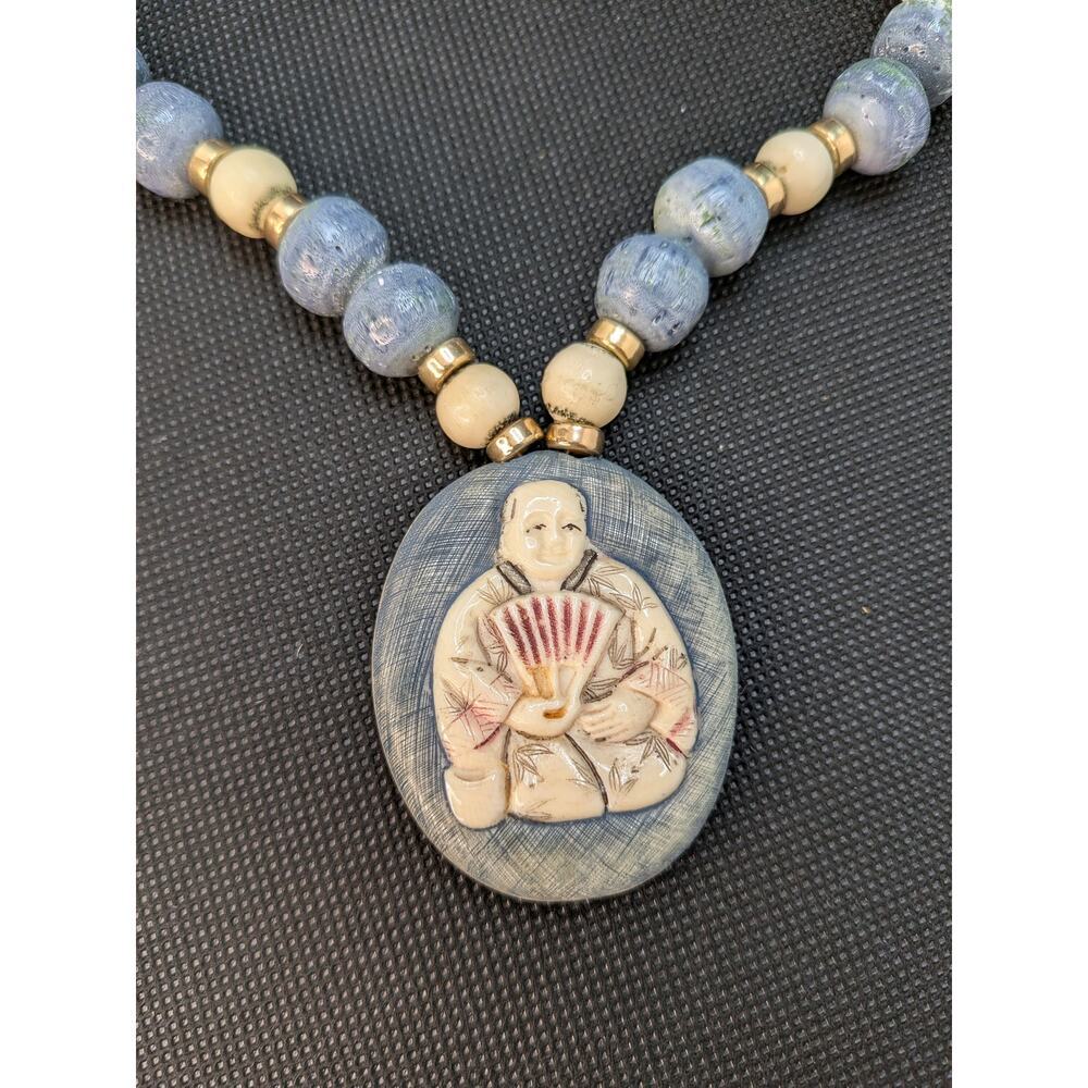 Asian Long Ivory Colored Blue Bead Necklace Oval Pendant 30.5" & "Silver" Clasp - Picture 3 of 8